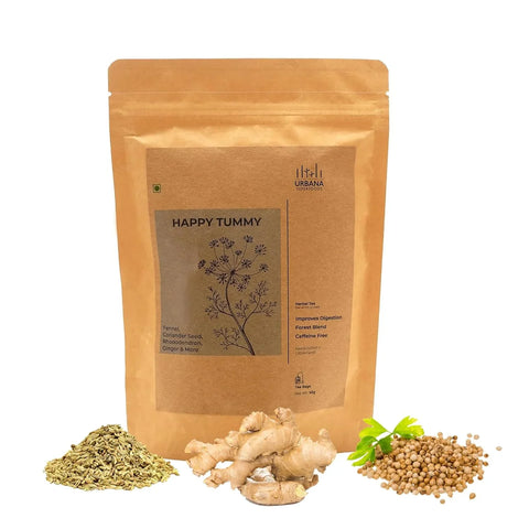 Urbana Superfoods Happy Tummy Herbal Tea – 100% Caffeine-Free Forest Blend with Natural Ginger, Fennel & Coriander Seed | Infusion with 100% Whole Leaf Best Organic Herbal Tea for Digestion, Bloating & Gas Relief (25 Tea Bags)