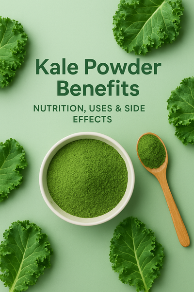 Bowl of vibrant green kale powder with wooden spoon and fresh kale leaves arranged on a green background under the title ‘Kale Powder Benefits