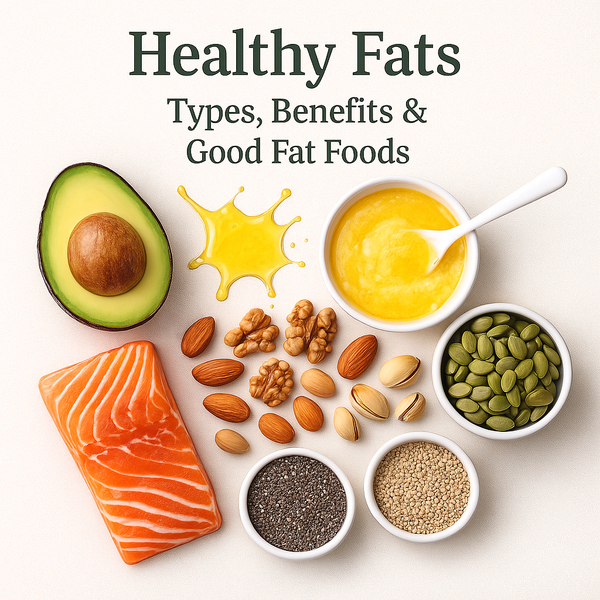 Avocado half, salmon fillet, bowl of ghee, mixed nuts, chia seeds and pumpkin seeds displayed neatly on white background under ‘Healthy Fats’ title graphic