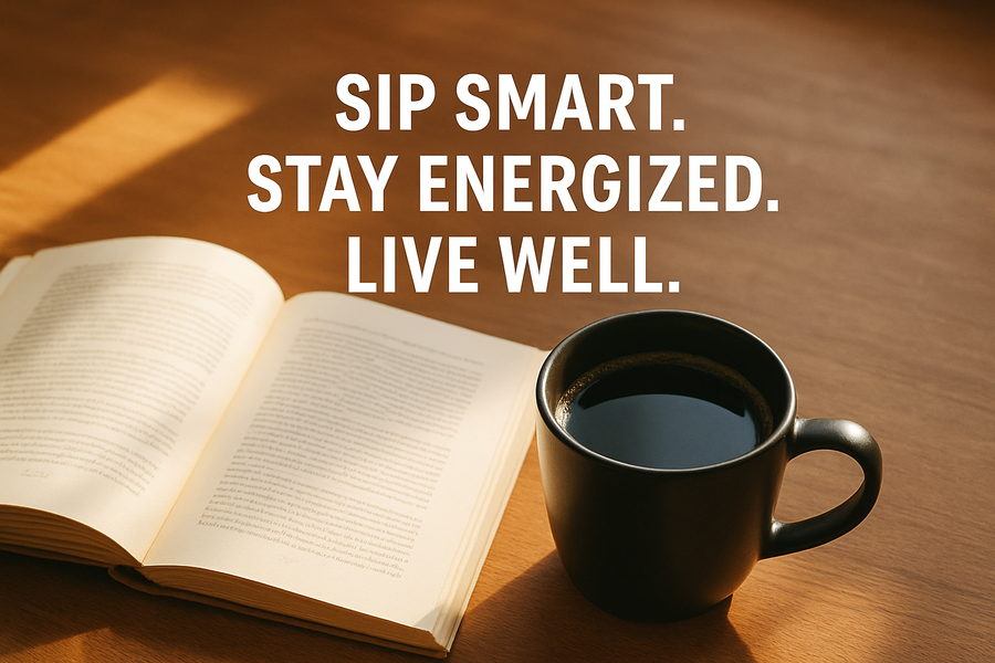 A banner image of black coffee in a coffee mug with a book a side and title with "Sip Smart Stay Energized Live Well."