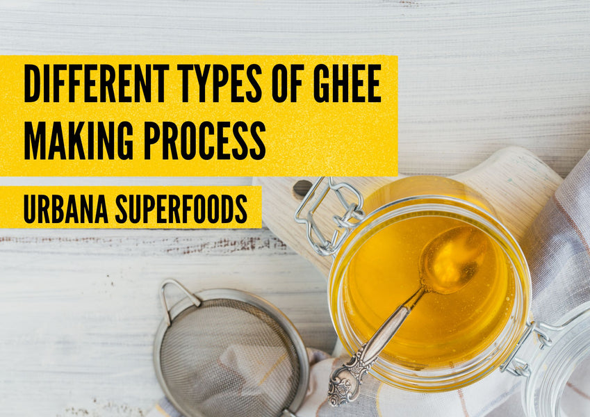 Top view of a glass jar filled with golden ghee and a spoon, placed beside a metal strainer and cloth, with the text “Different Types of Ghee Making Process – Urbana Superfoods” on a yellow banner.