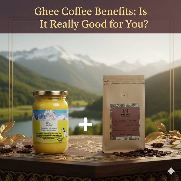 Jar of Urbana grass-fed Himalayan A2 ghee placed beside a pack of Urbana roasted coffee beans with mountain scenery behind, introducing ghee coffee benefits