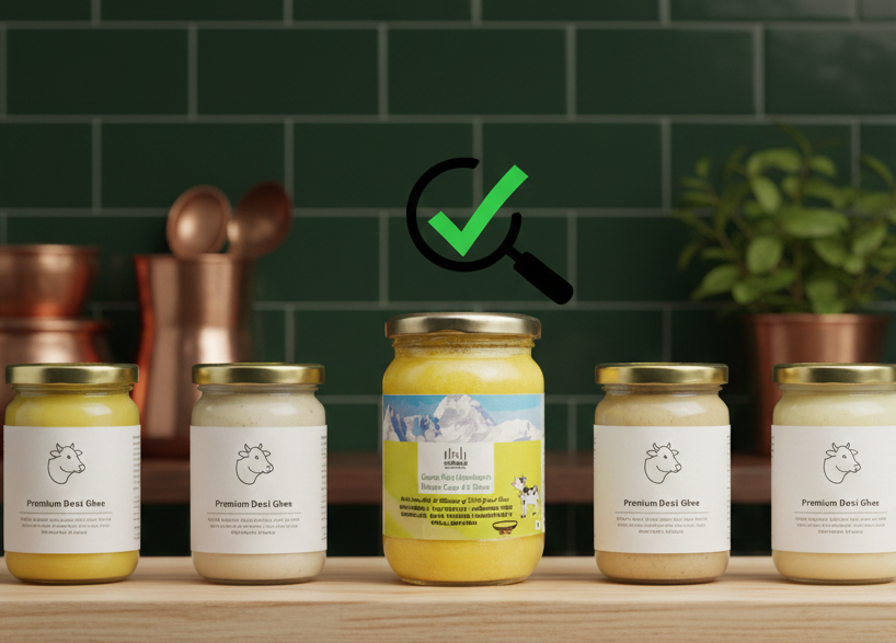 Jar of yellow A2 ghee highlighted with a green check mark among other ghee jars on a wooden countertop with a green tiled background.