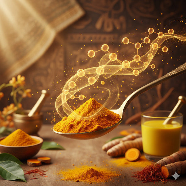 Spoonful of turmeric powder releasing a glowing molecular swirl, with turmeric roots, golden milk and bowls in the background, symbolizing turmeric’s potent bioactive compounds