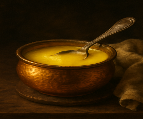 A traditional brass bowl filled with golden ghee, with a spoon resting inside, placed on a rustic wooden surface with a soft cloth beside it.