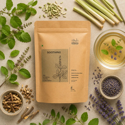 Urbana Superfoods Soothing Herbal Tea – 100% Caffeine-Free Forest Blend with Tulsi, Lemongrass, Chamomile & Licorice | Infusion with 100% Whole Leaf Best Organic Herbal Tea for Detox & Weight Loss