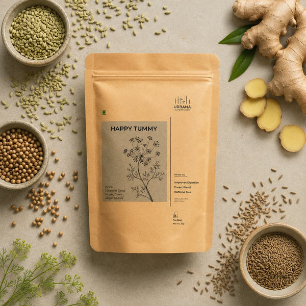 Urbana Superfoods Happy Tummy Herbal Tea – 100% Caffeine-Free Forest Blend with Natural Ginger, Fennel & Coriander Seed | Infusion with 100% Whole Leaf Best Organic Herbal Tea for Digestion, Bloating & Gas Relief (25 Tea Bags)
