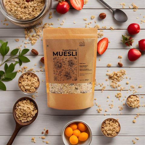 Urbana Superfoods Superlicious Muesli: The 50/50 Signature Blend | 0% Added Sugar & Wheat-Free | Best Muesli for Weight Loss & Skin Health | Rich in Almonds, Walnuts & Seeds